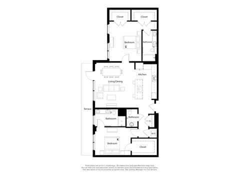 Floor plan for 2 beds, 2.5 baths, 1391 sqft